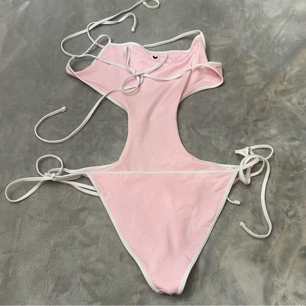 New! Frankie’s bikinis Amalia one piece monokini pink heart 24686